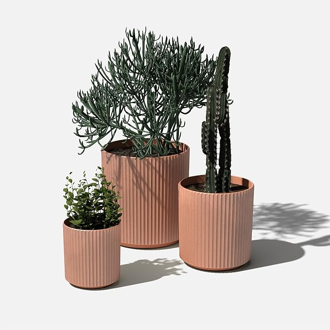 Veradek Demi Series Set of 3 Round Planters for Porch, Patio, Backyard | Durable Plastic-Stone Composite Material | Modern Décor for Tall Plants, Flowers