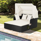 COSTWAY Outdoor Daybed with Retractable Canopy, Wicker Patio Furniture Set with Cushioned Pillows, Patio Rattan Daybed for Deck, Backyard, Poolside (White)
