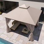 LAUSAINT HOME Semi-Permanent Outdoor Patio Gazebo 10'x10', Heavy Duty Party Tent Shelter with Double Roofs, Mosquito Nettings and Privacy Screens for Backyard, Garden, Lawn, Khaki