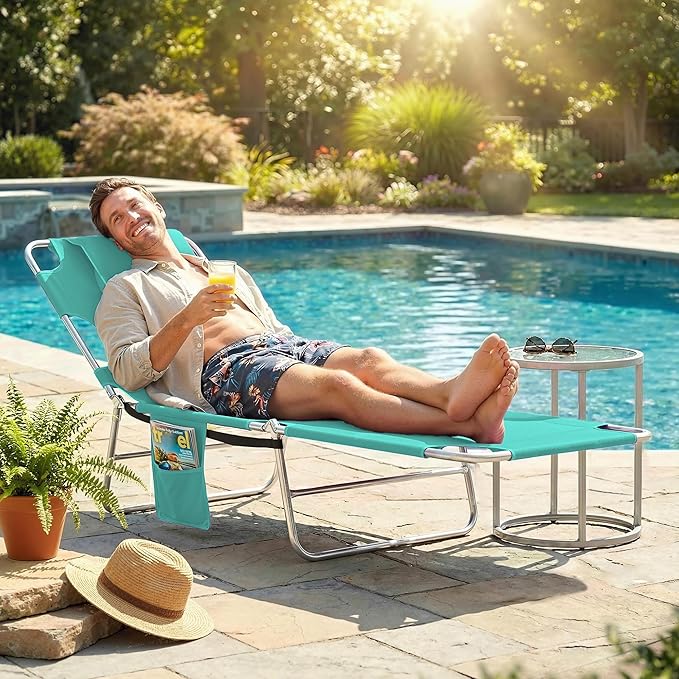 Outsunny Chaise Lounge Chair Outdoor with Face Arm Hole, 5-Position Reclining Face Down Tanning Chair with Carry Strap, Side Pocket, Portable Folding Bed Cot for Patio Beach Pool, Light Green