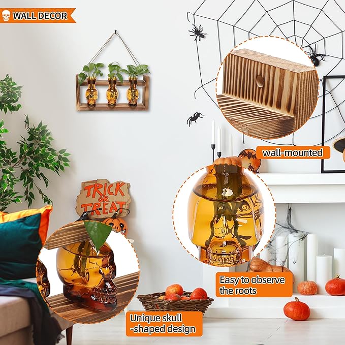 Terrarium Skull Propagation Station, 3 Amber Glass Vases with Wood Stand
