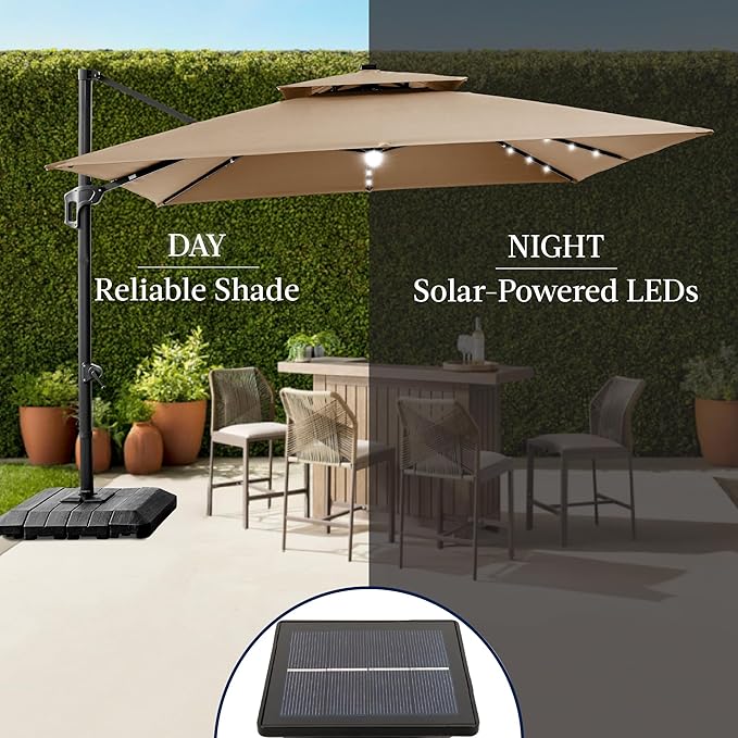 Best Choice Products 12x12ft LED Cantilever Patio Umbrella w/Base Included & 360° Rotation, Large Solar Offset Hanging Outdoor Sun Shade for Deck, Backyard Table w/Stand & Lights – Tan