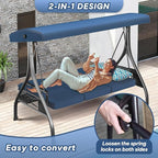 3 Seat Outdoor Porch Patio Swing with Stand 800lbs 2-in-1 Convertible Swing Bed with Adjustable Canopy & Removable Cushion for Yard Garden Deck (Blue, Square Tube)