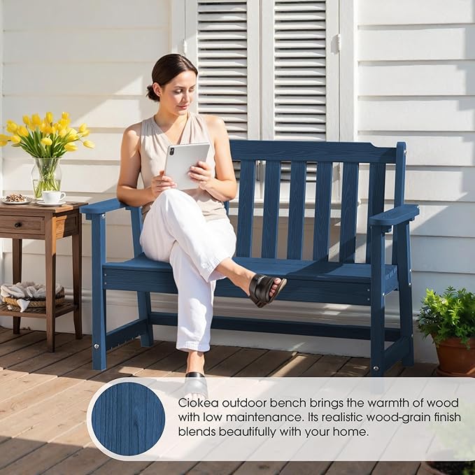 Ciokea 49" Heavy Duty Outdoor Bench, HDPE Weatherproof Porch Benches, Durable 2-Person Garden Benches with 660 Lbs, Waterproof Patio Bench for Outside Balcony Deck Backyard, Navy Blue