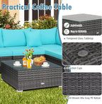 Tangkula 7 Pieces Wicker Patio Furniture Set, All-Weather Outdoor Rattan Sectional Sofa Set with Cushions & Tempered Glass Coffee Table, Outside Sofa Set for Garden, Lawn, Deck, Backyard (Turquoise)