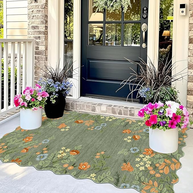 Outdoor Rug 3x5 Ft Sage Green Floral Washable Mat with Non-Slip Backing