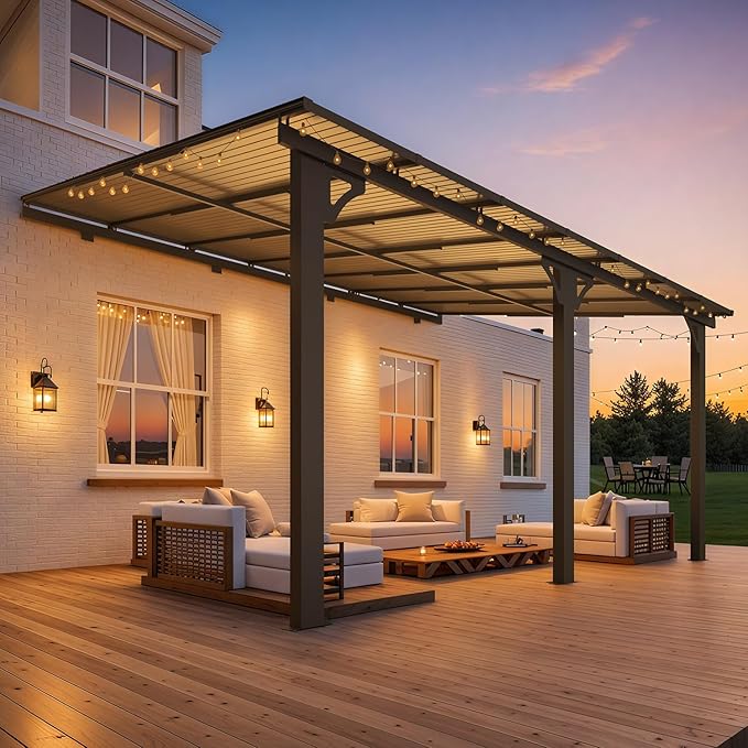 AECOJOY 10' x 14' Adjustable Height Outdoor Lean to Gazebo Pergola for Patio, Large Wall-Mounted 6.5-9.8 Ft Hard Top Metal Heavy Duty Metal Awnings Shelter Pergolas and Gazebos Clearance with Roof