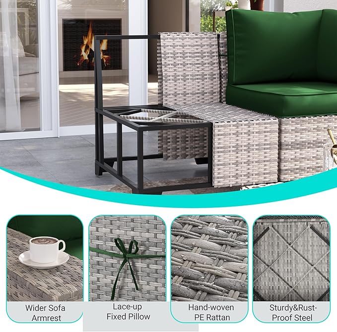 10-Piece Outdoor Patio Furniture Set with Rocking Swivel Chair, PE Wicker Rattan Sectional Sofa Patio Conversation Set with 55,000 BTU Fire Pit Table & Coffee Table, Green