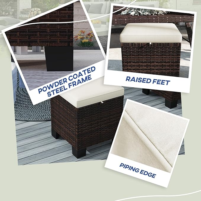 Outsunny 2 Pieces Outdoor Patio Ottomans, All Weather Wicker Outdoor Footstools with Removable Cushions, 3-in-1 PE Rattan Ottoman Seat, Footrest and Side Table for Backyard, Poolside, Beige
