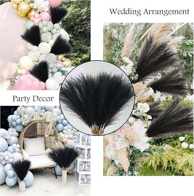 Artificial Pampas Grass Plumes, 50 Stems, 21.6 Inch, Black Faux Decor