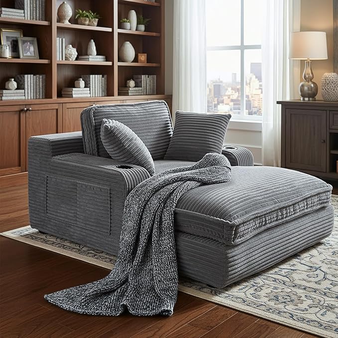 67" Oversized Chaise Lounge Chair Indoor, Soft Boneless Cloud Couch with 3 Pillows, 4 Side Pockets and 2 Cup Holders, Comfy Corduroy Sleeper Couch for Living Room Bedroom