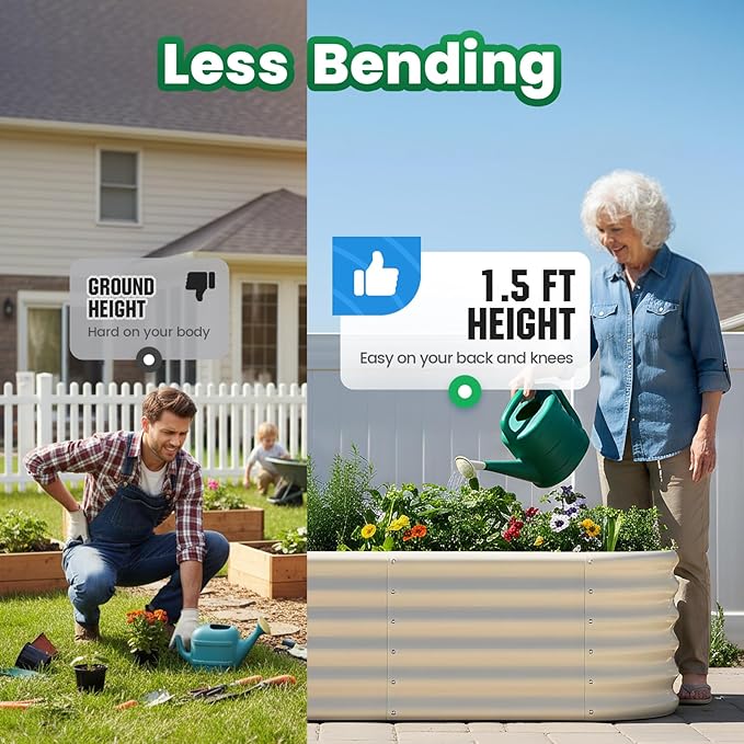 Quictent Raised Garden Bed Kit Oval Galvanized Metal Planter Box Tall for Vegetables Outdoor Backyard, Strengthened by Crossbar, Beige 8x4x1.5 ft