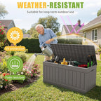 Greesum Outdoor Storage Box 82 Gallon Storage Bin with Lid for Patio Furniture, Garden Tools, Pool Supplies, Waterproof and UV Resistant, Lockable, Coffee