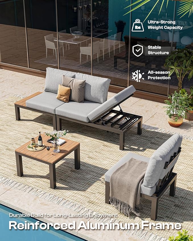 Aluminum Modular Outdoor Patio Furniture Set, 8 Seats Sectional Sofa Set with Adjustable Backrest & Thick Cushions, All-Weather L-Shaped Corner Set with Table for Garden & Yard, Gray