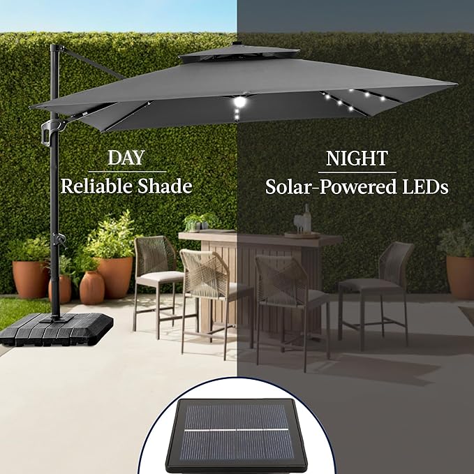 Best Choice Products 12x12ft LED Cantilever Patio Umbrella w/Base Included & 360° Rotation, Large Solar Offset Hanging Outdoor Sun Shade for Deck, Backyard Table w/Stand & Lights – Gray