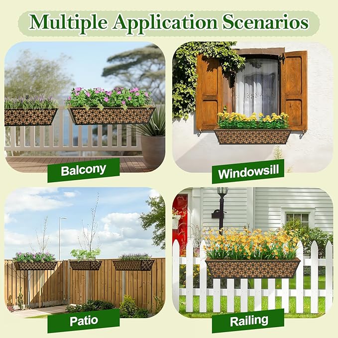 SPECILITE 30" Window Boxes Planters, Heavy Duty Metal Railing Planter Boxes, Adjustable Balcony Planters for Railing Hanging, with Coco Liner & Tool Set for Deck, Porch, and Patio Gardening (4 Pack)
