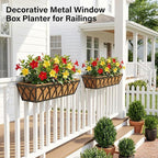 HFHOME 24 inch Window Deck Rail Planter with Coco Liner, 24" Dia Window Box Trough with Coconut Coir Liners, Black Metal Hanging Flower Planter Basket for Indoor Outdoor Lawn - Set of 4