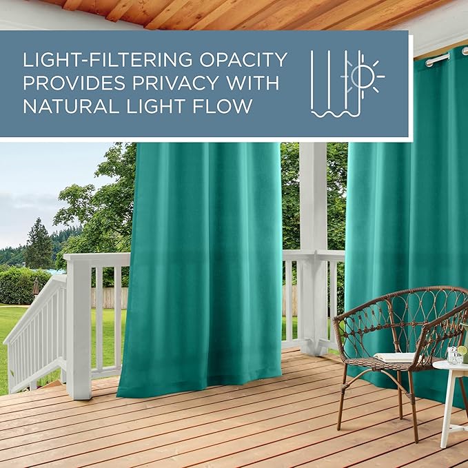 TOWN & COUNTRY BASICS Cabana Solid Heavyweight Indoor Outdoor Curtains, Light Filtering Opacity with Grommet Top, Water Repellent, 2-Pack Set, 54"x108", Teal