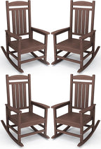 KINGYES HDPE Outdoor Rocking Chair Set of 4, All-Weather Poly Patio Rocking Chairs with 330lbs Support for Adults, Coffee Brown
