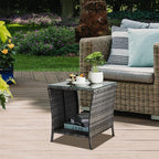 VINGLI Outdoor Wicker Side Table Patio Side Tables for Outside, Tempered Glass Top Wicker Table with Storage End Table for Balcony Porch Deck (Grey)