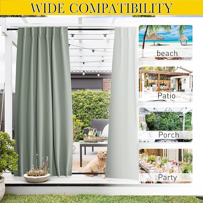 NICETOWN 2 Panels Outdoor Curtains Waterproof Pocket & Back Tab on Top & Bottom, Thermal Insulated Windproof Sun Blocking Outside Privacy Drapes for Patio with Fixed Rope, W84 x L84, Sage Green