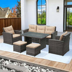 6 Pieces Patio Furniture Set - All-Weather Outdoor Wicker Sectional Conversation Sofa, Rattan Patio Seating Sofa Set with 4'' Cushion and Glass Table for Porch Poolside, Brown