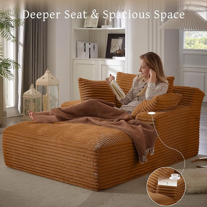 66" Chaise Lounge Chair Indoor, Oversized Boneless Couch Comfy Upholstered Sleeper Sofa Bed with 3 Pillows, Corduroy Cloud Reading Chairs for Living Room No Assembly Required, Orange