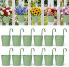 HowRU Hanging Flower Pots, Railing Planter Box for Outdoor Plants 12 Pack 5 Inch Metal Hanging Planters with Detachable Hooks Balcony Window Fence Garden Decoration Flower Boxes (Green)