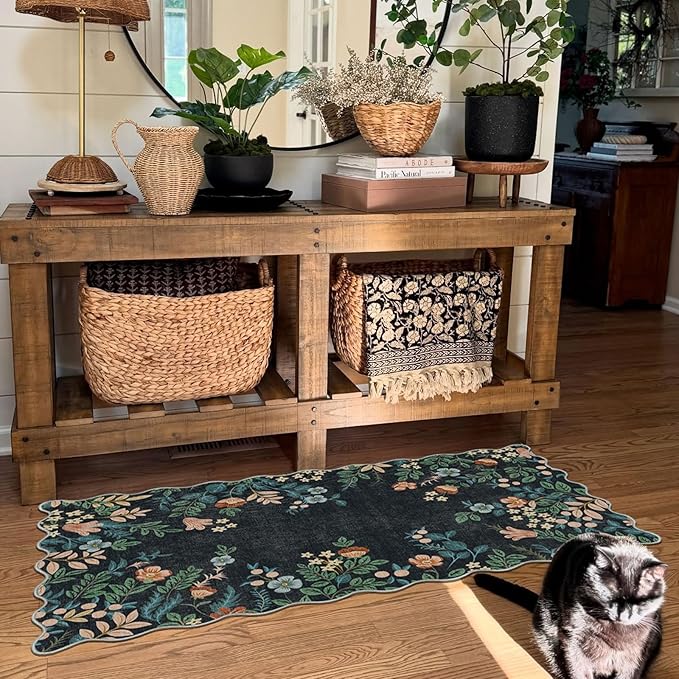 Outdoor Rug Boho Floral Mat, Black Polyester, 2 x 4.3 ft