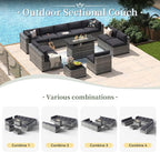 Aoxun 12 Piece Patio Furniture Set with 44” Fire Pit Table Wicker Rattan Outdoor Sectional Sofa Set with Coffee Table and Thickened Cushions, Grey/Black (Waterproof Cover Included)
