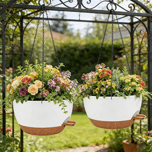 2 Pack 12 Inch Self Watering Hanging Planters for Indoor Plants, Large White Brown Plastic Hanging Pots with Chains for Outdoor Patio Garden Home Decor White Brown