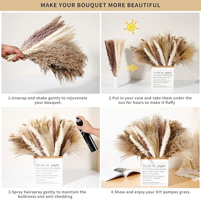 Dried Pampas Grass Bundle, 135 Pieces, Neutral Tones for Home Decor