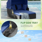 ORALNER Outdoor Daybed, 2-Person Wicker Patio Sofa with Retractable Canopy, Cushions & Pillows, 2 Side Trays, PE Rattan Sunbed Double Lounger for Deck Poolside Garden Balcony (Navy)