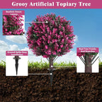 Artificial Topiary Tree with Pink Eucalyptus, Set of 2 Artificial Shrub Bushes with Ground Spike, Fake Evergreen Tree for Porch, Artificial Plants for Outdoor Planters Indoor UV Resist