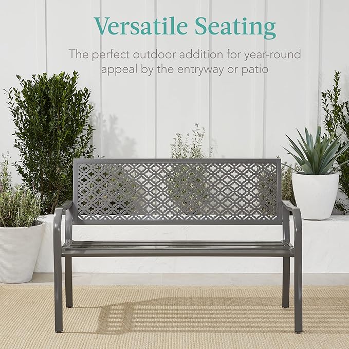 Best Choice Products Outdoor Bench 2-Person Metal Steel Benches Furniture for Garden, Patio, Porch, Entryway w/Geometric Backrest, 790lb Capacity – Gray