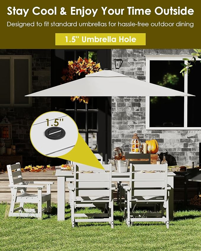 GREENVINES Outdoor Dining Table | 67’’ | HDPE | Rectangle Tables for 6 | All-Weather | Umbrella Hole | Patio Furniture | for Poolside Backyard Garden | Grey