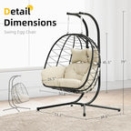 Double Egg Chair with Stand Hammock Swing Chair Foldable Hanging Loveseat, UV Resistant Removable Cushions, 700LBS Capacity for Bedroom, Balcony, Garden(BK-BE)