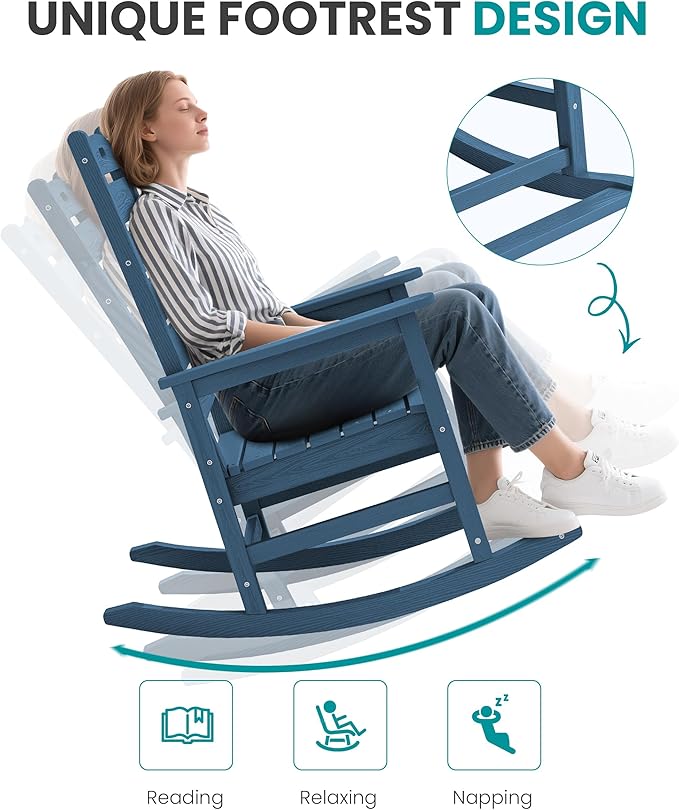 SERWALL Outdoor Rocking Chair Set of 4, Oversized HDPE Patio Rocking Chair with Footrest for Adults, All Weather Porch Rocker for Deck Patio Balcony, Navy