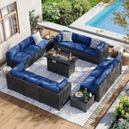 Aoxun 15 Piece Patio Furniture Set with 44” Fire Pit Table, Wicker Rattan Patio Sectional Sofa, Outdoor Furniture Set with Thickened Cushion, Blue