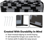 SAND MINE Waterproof Outdoor Rug 9x18 ft, Plastic Reversible Rug, Modern Area Rug, Large Floor Mat for Outdoors, RV, Patio, Backyard, Deck, Picnic, Beach, Camping, Black Grey Lattice