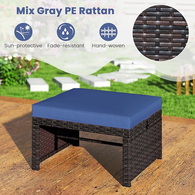 Tangkula 2 Pieces Patio PE Rattan Ottomans, Multipurpose Outdoor Footstool Footrest Additional Seating Side Table with Soft Zippered Cushions for Deck, Garden, Poolside and Yard (Navy Blue)