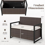 RELAX4LIFE Wicker Outdoor Bench with Storage - Rattan Deck Box w/Protective Liner for Pillows, Pool Supplies, Garden Tools, Patio Loveseat with Seat Cushion & Metal Armrests for Backyard Porch Balcony