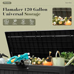 Flamaker Resin Deck Box 120 Gallon Waterproof Large Outdoor Indoor Storage Box Imitation Wood Resin for Patio Furniture Garden Tools and Pool (Black)