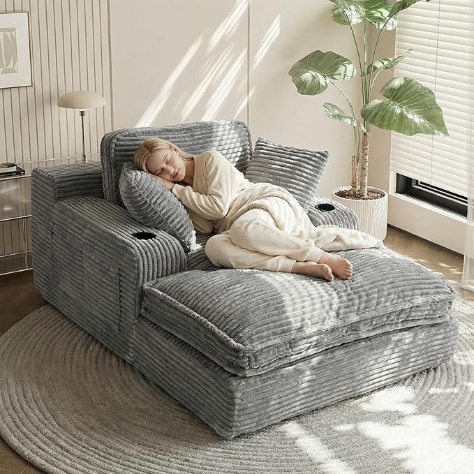 67" Oversized Chaise Lounge Chair Indoor, Soft Boneless Cloud Couch with 3 Pillows, 4 Side Pockets and 2 Cup Holders, Comfy Corduroy Sleeper Couch for Living Room Bedroom