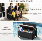 RELAX4LIFE Wicker Outdoor Bench with Storage - Rattan Deck Box w/Protective Liner for Pillows, Pool Supplies, Garden Tools, Patio Loveseat with Seat Cushion & Metal Armrests for Backyard Porch Balcony