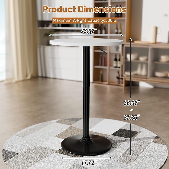 Flamaker Round Bistro Pub Table 23.6 Inch Height Adjustable 360° Swivel Bar Table Metal Base for Pub, Dining Room, Party (2, White-Black)