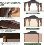 Aoxun 10'x12' Hardtop Gazebo, Aluminum Frame Permanent Pavilion with Netting and Curtains, Outdoor Polycarbonate Double Roof Canopy with Ceiling Fan, Designed for Lawn, Garden, Patio, Brown