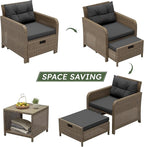 LHBcraft Balcony Furniture 5 Piece Patio Conversation Set, PE Wicker Rattan Outdoor Lounge Chairs with Soft Cushions 2 Ottoman-Glass Table for Porch