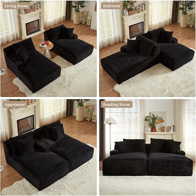 80" Double Chaise Lounge Chair Indoor, Oversized Boneless Couch Comfy Upholstered Sleeper Sofa Bed with 4 Pillows, Corduroy Cloud Loveseat Chair for Living Room No Assembly Required, Black