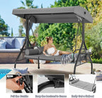 HOMREST 3 Seat Outdoor Porch Swing with 1.5" Deep Cup Holder, Adjustable Canopy,Patio Swing Bed with Stand, Patio Glider Swing with Thicken Cushions, Pillow（Grey）